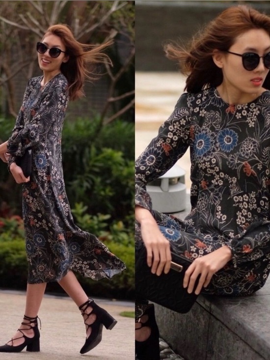 Zara Dresses & Skirts - Zara Dark Green Floral Long-Sleeve Midi Dress with Blue and Rust Accents